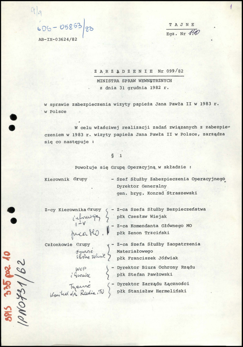 Zarządzenie nr 099/82 Ministra Spraw Wewnętrznych z dn. 31 XII 1982 r. w sprawie zabezpieczenia wizyty papieża Jana Pawła II w 1983 r. w Polsce, IPN BU 0731/62, s. 1-2, cały dokument w załączonym pliku .pdf