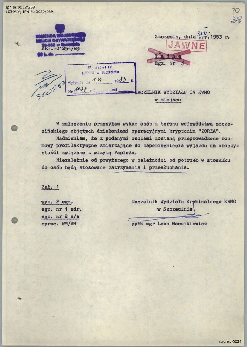 Wykaz z 31 V 1983 r. osób z terenu województwa szczecińskiego objętych działaniami operacyjnymi krypt. Zorza, IPN Sz 0012/269 t.3 s.30-35, cały dokument w załączonym pliku .pdf
