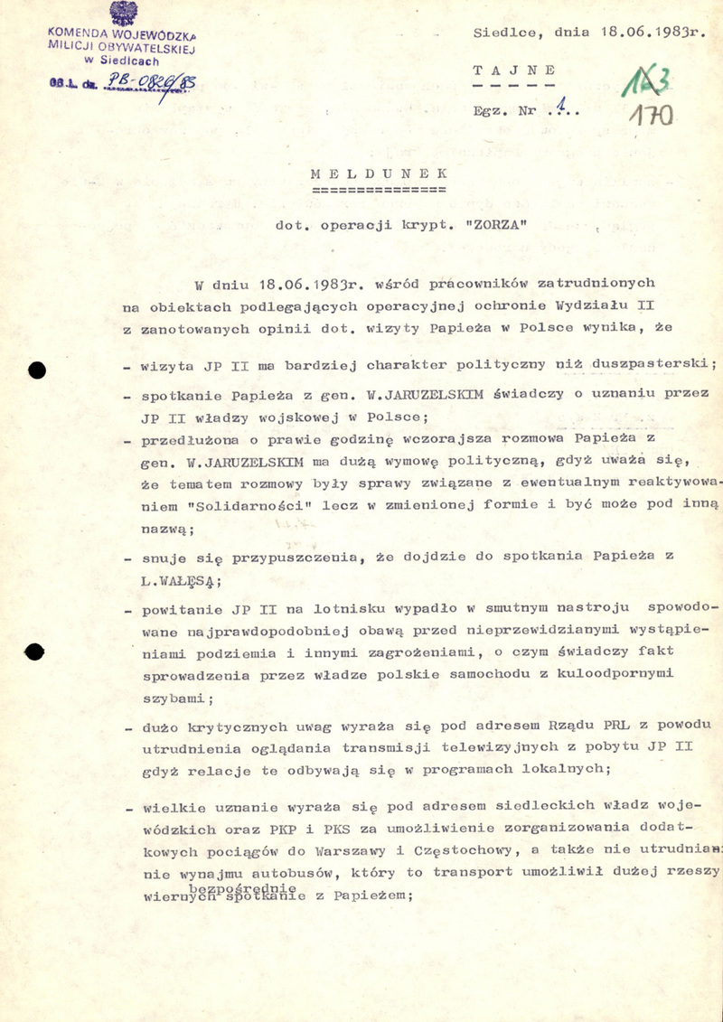 Meldunek KWMO w Siedlcach z dn. 18 VI 1983 r. dot. operacji krypt. „Zorza” , IPN Lu 0426/168 s.170, cały dokument w załączonym pliku .pdf