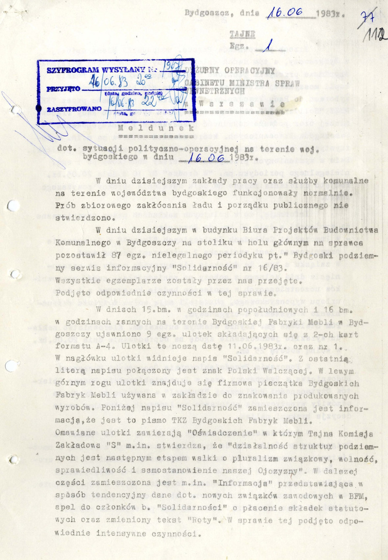 Meldunek dot. sytuacji polityczno-operacyjnej na terenie woj. bydgoskiego w dniu 16 VI 1983 r., IPN By 077/337 t. 15,  k. 112-115
