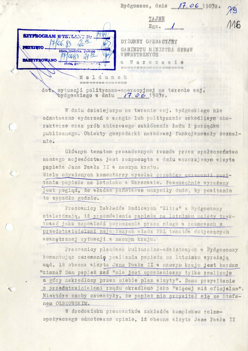 Meldunek dot. sytuacji polityczno-operacyjnej na terenie woj. bydgoskiego w dniu 17 VI 1983 r., IPN By 077/337 t. 15,  k. 116-118