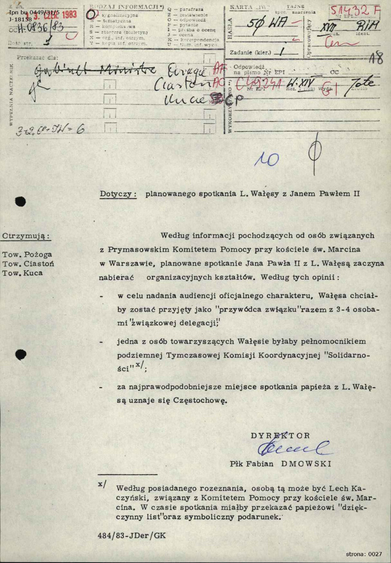 Notatka informacyjna z dn. 13 VI 1983 r. dot. planowanego spotkania Jana Pawła II z Lechem Wałęsą i Lechem Kaczyńskim, IPN BU 0449/31 t. 5, s.18, cały dokument w załączonym pliku .pdf