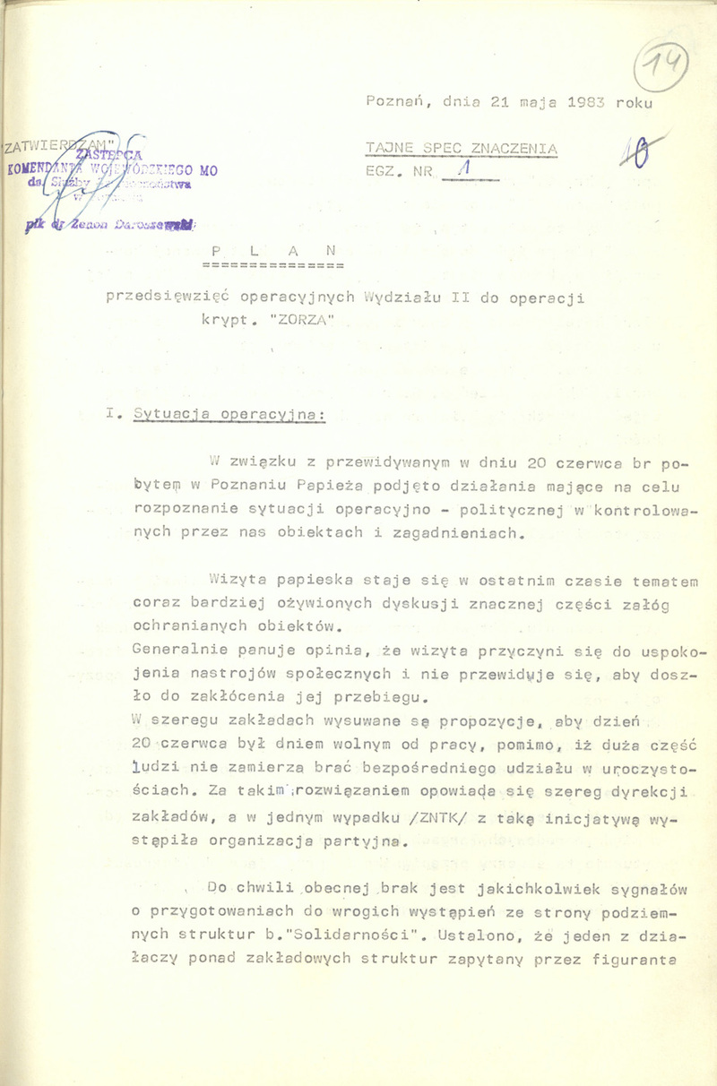 Plan przedsięwzięć operacyjnych Wydziału II KWMO w Poznaniu do operacji krypt. „Zorza” z dn. 21 V 1983 r., IPN Po 06/223 t.15 s.14-20, cały dokument w załączonym pliku .pdf