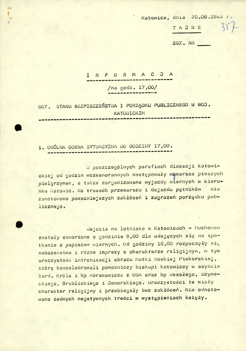 20 VI 1983 r., godz. 17.00, informacja dot. stanu bezpieczeństwa i porządku publicznego w woj. Katowickim, IPN Ka 030/177, t. 3, k. 357–360, cały dokument w załączonym pliku .pdf