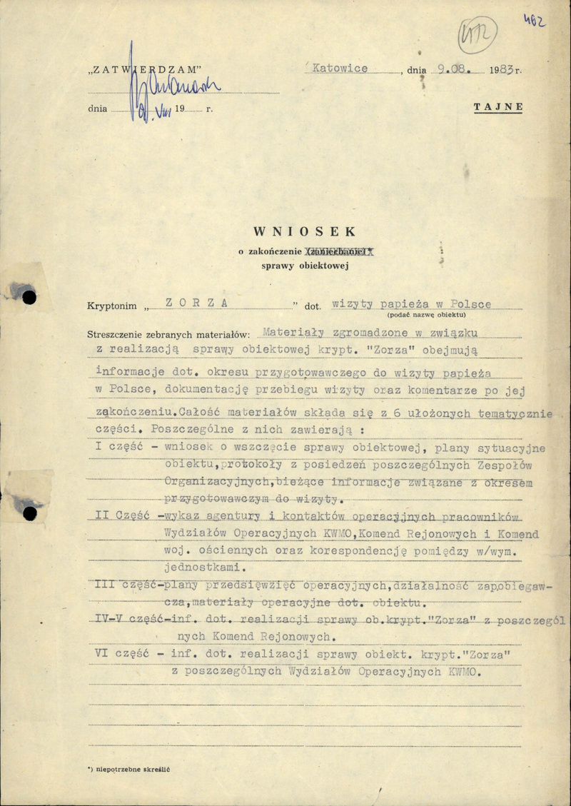 Wniosek o zakończenie sprawy obiektowej kryptonim „Zorza”, podpisany przez zastępcę naczelnika Wydz. IV KW MO w Katowicach, mjr. Edmunda Perka, 9 VIII 1983 r., IPN Ka 030/177, t. 1, k. 472–472v, cały dokument w załączonym pliku .pdf