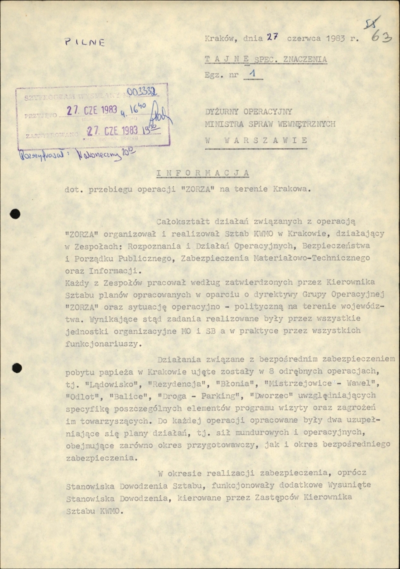Informacja z dn. 27 VI 1983 r. o przebiegu operacji krypt. Zorza na terenie Krakowa, IPN Kr 066/44 t.31 s.63-70, cały dokument w załączonym pliku .pdf
