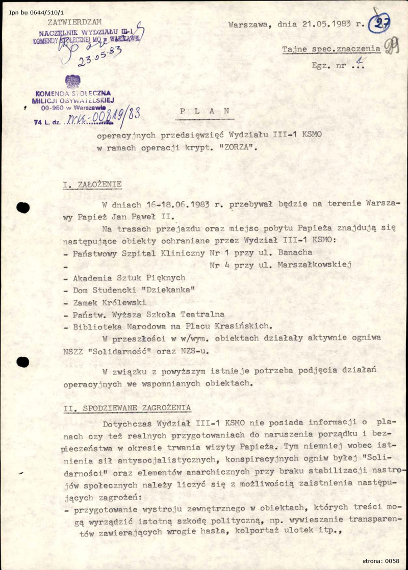 Plan przedsięwzięć operacyjnych Wydziału III-1 KSMO w ramach operacji krypt. „Zorza”, dokument z 21 V 1983 r., IPN BU 0644/510 t.1, s.29-34, cały dokument w załączonym pliku .pdf
