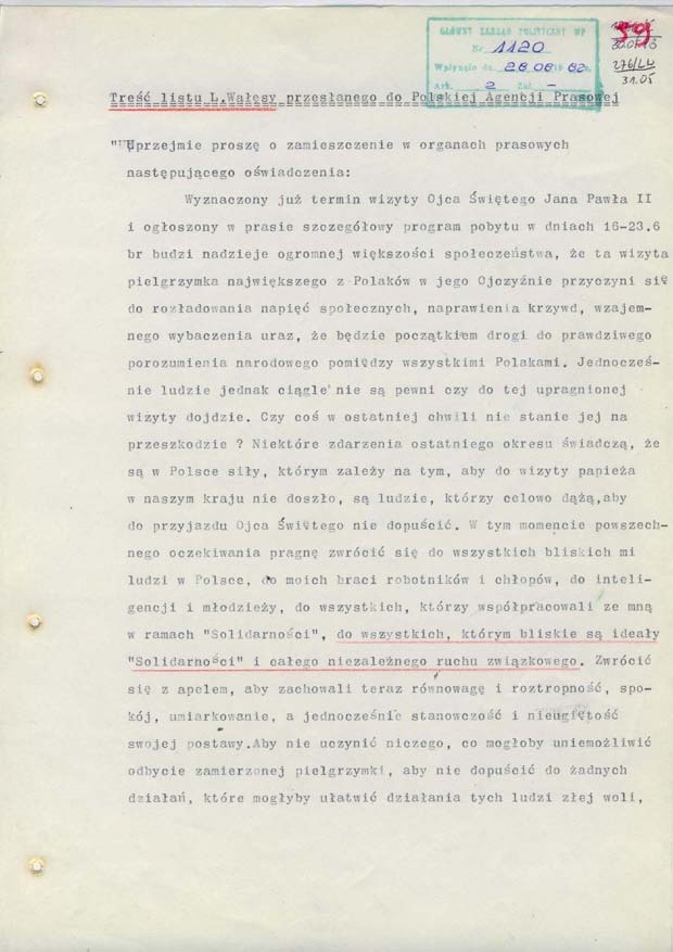 Treść listu Lecha Wałęsy przesłanego 22 V 1983 r. do Polskiej Agencji Prasowej w związku ze zbliżającą się wizytą Papieża w Polsce, IPN BU 2192/13, s.59-60, cały dokument w załączonym pliku .pdf
