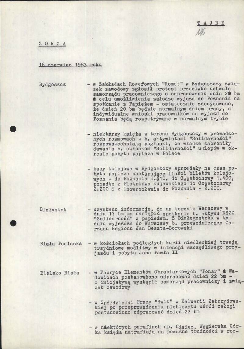 Informacje dzienne Gabinetu Ministra Spraw Wewnętrznych PRL z dn. 16 VI 1983 r., IPN BU 1582/2980 s.126-141, cały dokument w załączonym pliku .pdf
