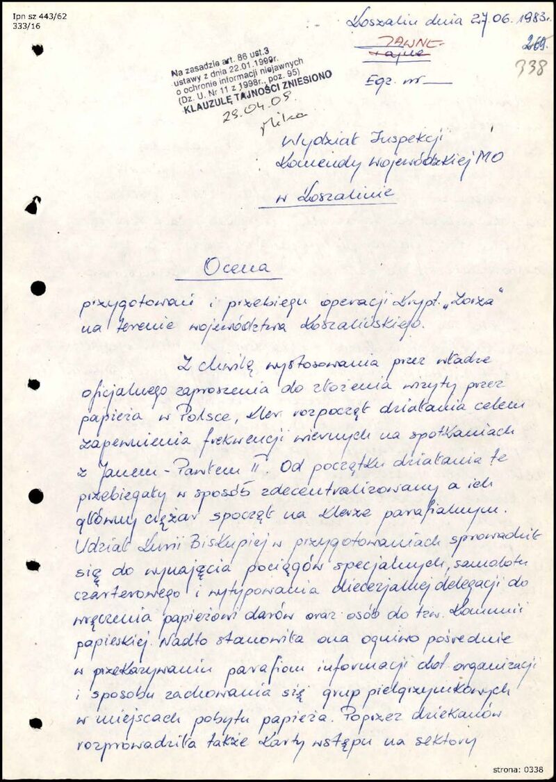 Ocena z dn. 27 VI 1983 r. przygotowań i przebiegu operacji krypt. „Zorza” na terenie woj. Koszalińskiego, IPN Sz 443/62 s.338-345, cały dokument w załączonym pliku .pdf