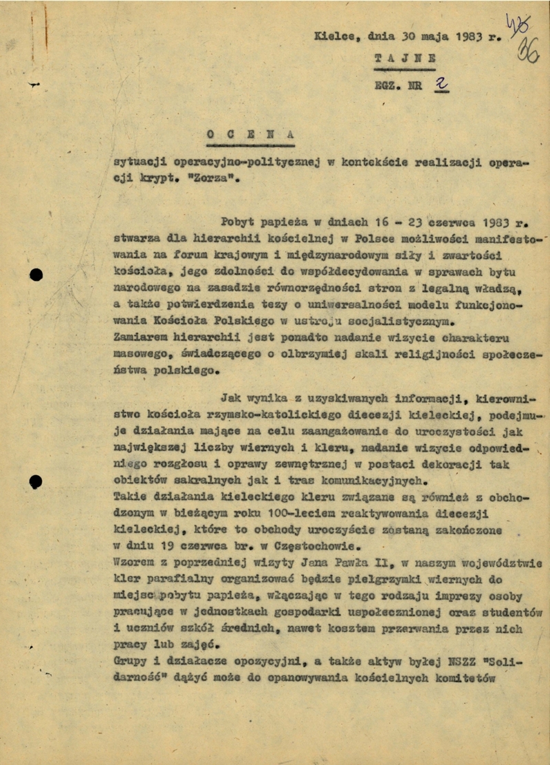 Ocena sytuacji operacyjno-politycznej w kontekście realizacji operacji krypt. „Zorza” – dokument KWMO w Kielcach z dn. 30 V 1983 r., IPN Ki 014/1407 t.4 s. 36-44, cały dokument w załączonym pliku .pdf