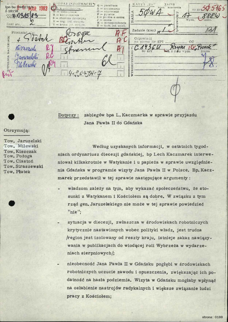 Informacja Departamentu I MSW z marca 1983 r. dot. zabiegów bpa L. Kaczmarka w sprawie przyjazdu Jana Pawła II do Gdańska, IPN BU 0449/31 t.6 s.131