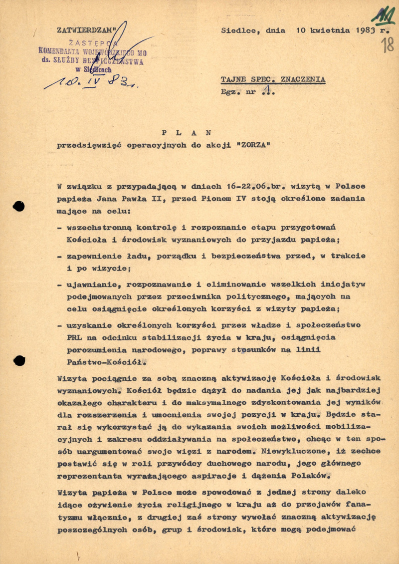 Plan przedsięwzięć operacyjnych KWMO w Siedlcach z dn. 10 IV 1983 r. do akcji „Zorza”, IPN Lu 0426/167 s.18-25, cały dokument w załączonym pliku .pdf