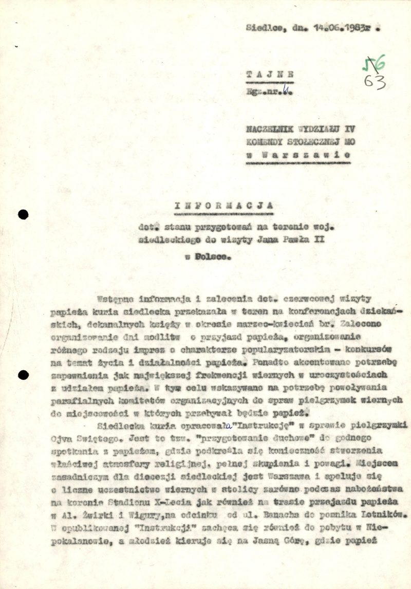 Informacja z dn. 14 VI 1983 r. o stanie przygotowań na terenie woj. siedleckiego do wizyty Jana Pawła II w Polsce, IPN Lu 0426/168 s.63-66, cały dokument w załączonym pliku .pdf