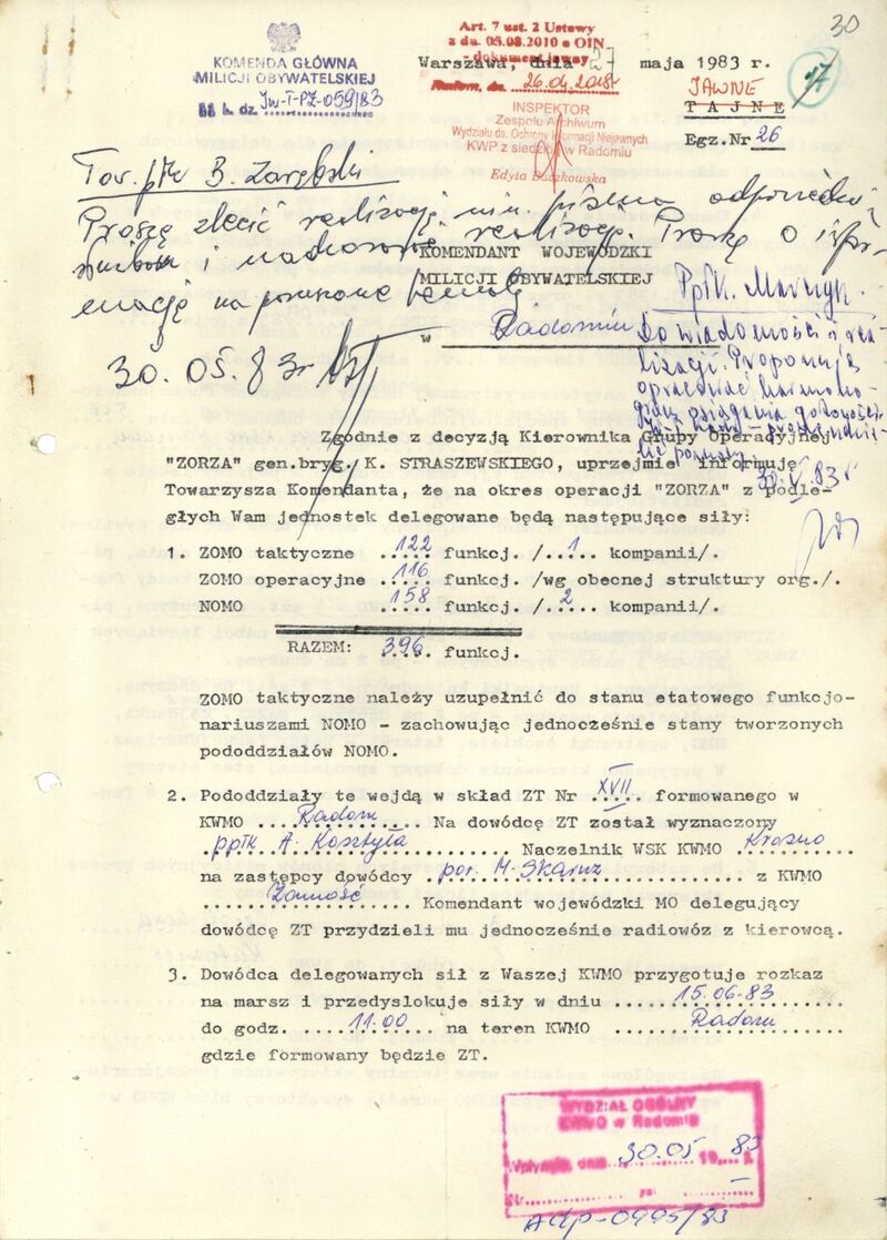 Pismo do Komendanta Wojewódzkiego MO w Radomiu z dn. 27 V 1983 r. dot. udziału sił porządkowych z KWMO w Radomiu w operacji krypt. Zorza, IPN Ra 178/28 s.30-32, cały dokument w załączonym pliku .pdf