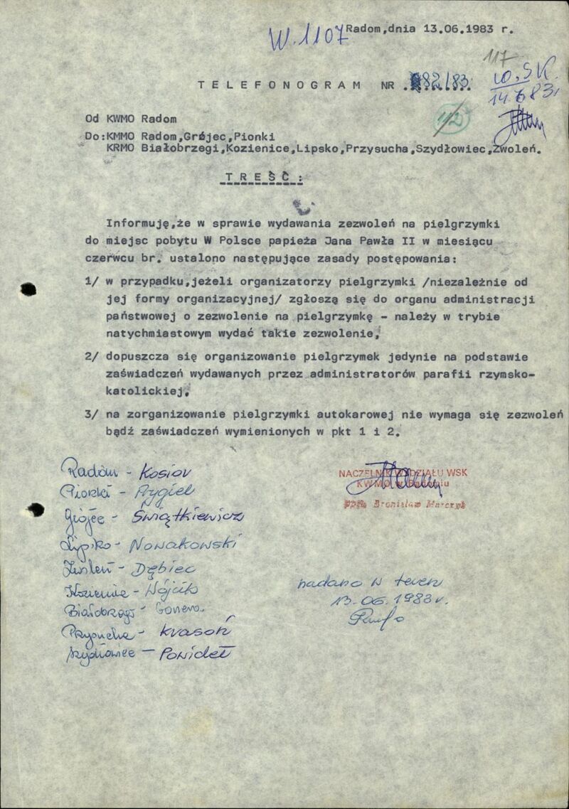 Telefonogram KWMO w Radomiu z dn. 13 VI 1983 r. dot. zasad postępowania w sprawie wydawania pozwoleń na udział w spotkaniach z Janem Pawłem II, IPN Ra 178/28 s.117, cały dokument w załączonym pliku .pdf
