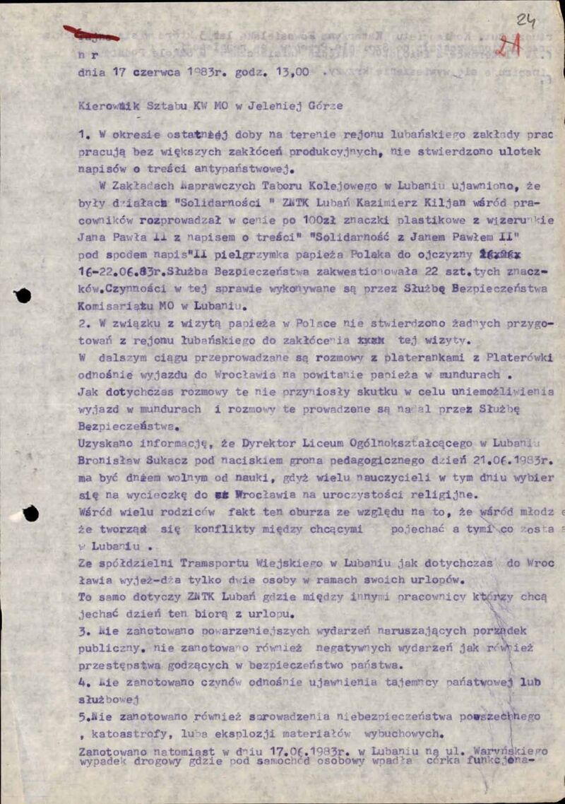 Notatka do kierownika Sztabu KWMO w Jeleniej Górze z 17 VI 1983 r. dot. nastrojów społecznych na terenie rejonu lubańskiego w związku ze zbliżającą się wizytą Papieża, IPN Wr 455/476 s.24-25, cały dokument w załączonym pliku .pdf