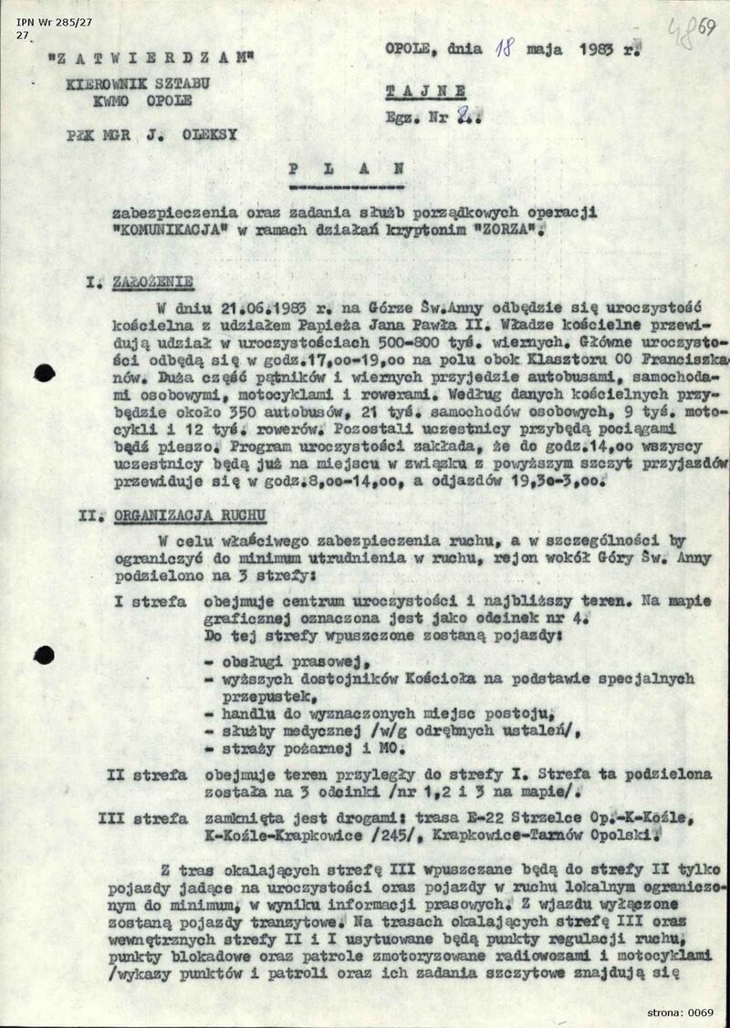 Plan zabezpieczenia oraz zadania służb porządkowych operacji „Komunikacja” w ramach działań kryptonim „Zorza”, dokument KWMO w Opolu z dn. 18 V 1983 r., IPN Wr 285/27 s.69, cały dokument w załączonym pliku .pdf