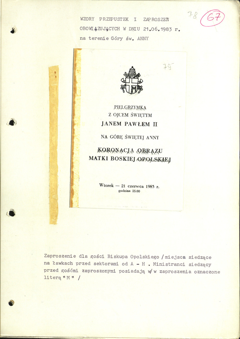 Zaproszenie na uroczystości koronacji obrazu Matku Boskiej Opolskiej w dn. 21 VI 1983 r., IPN BU 3618/11 s.78