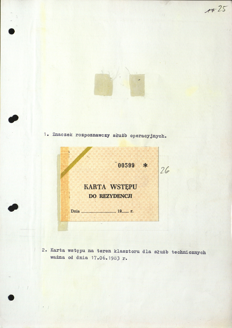 Karta wstępu na teren klasztoru dla służb technicznych ważna od 17 VI 1983 r., IPN BU 3618/14 s.25