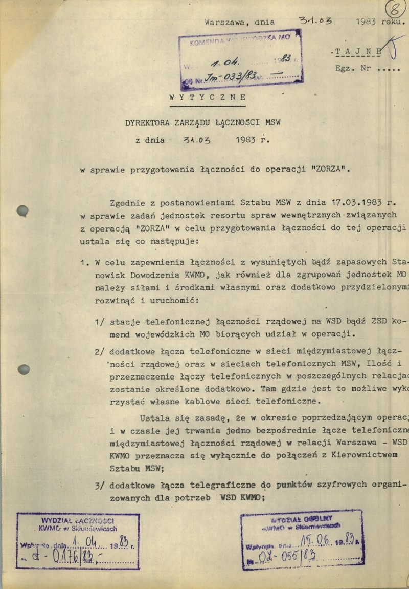 Wytyczne Dyrektora Zarządu Łączności MSW z dn. 31 III 1983 r. w sprawie przygotowania łączności do operacji "Zorza", IPN Ld 357/1 s.8-12, cały dokument w załącznonym pliku .pdf